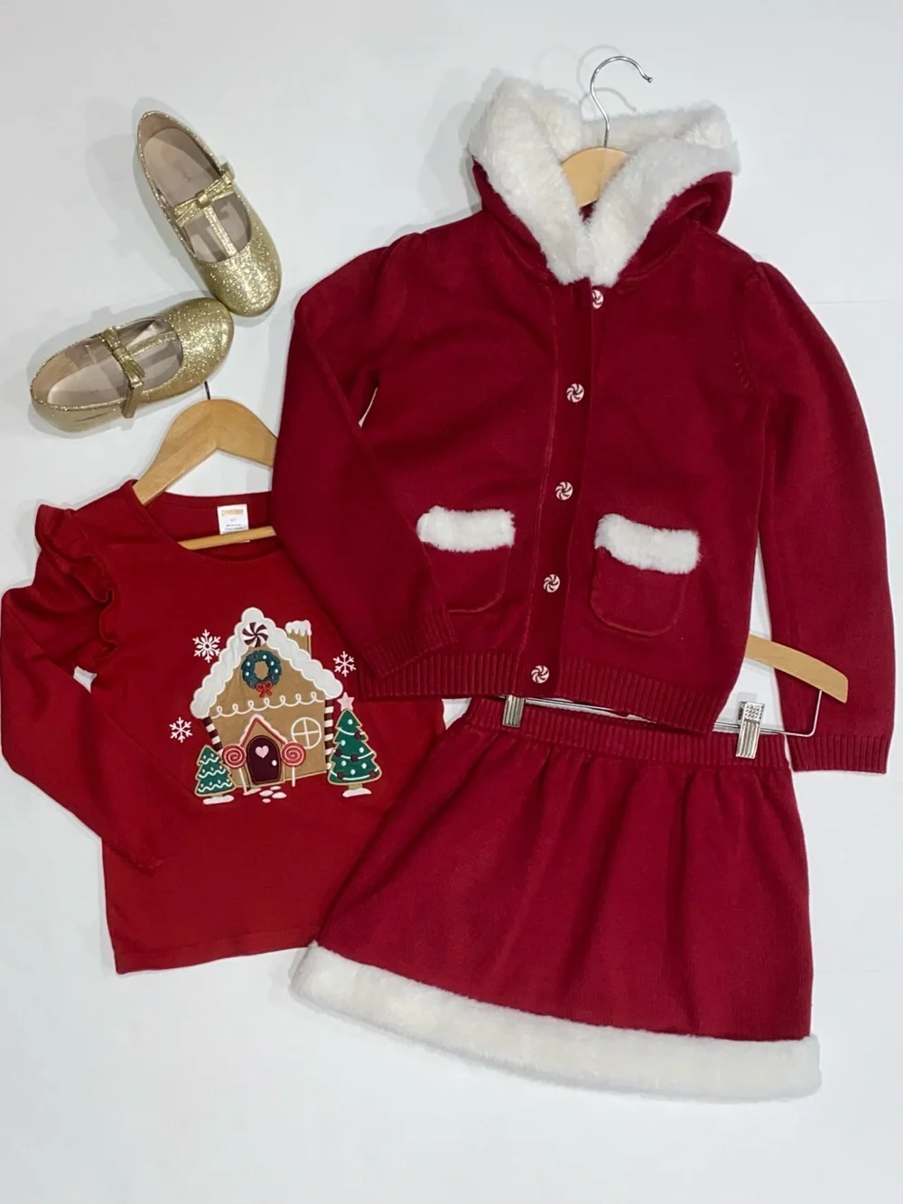 Gymboree Girls 3-Piece Christmas Skirt Set: Hooded Cardigan, Skirt, Top Size 5T